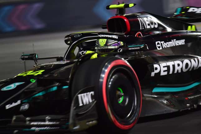 Nov 16, 2023; Las Vegas, Nevada, USA; Mercedes AMG Petronas driver Lewis Hamilton of Great Britain (44) during free practice at Las Vegas Strip Circuit.