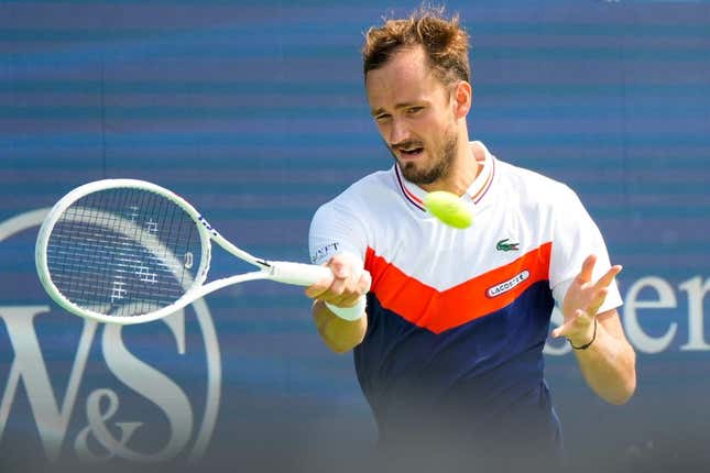 Daniil Medvedev, of Russia, hits a forehand to Lorenzo Musetti, of Italy, during the Western &amp;amp; Southern Open at the Lindner Family Tennis Center in Mason on Wednesday, Aug. 16, 2023. Medvedev won 6-3, 6-2.
