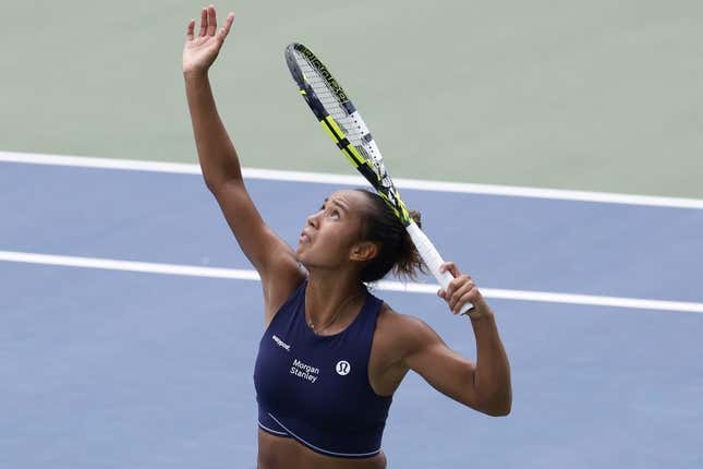 Aug 29, 2023; Flushing, NY, USA; Leylah Fernandez of Canada serves against Ekaterina Alexandrova (not pictured) on day two of the 2023 U.S. Open tennis tournament at USTA Billie Jean King National Tennis Center.