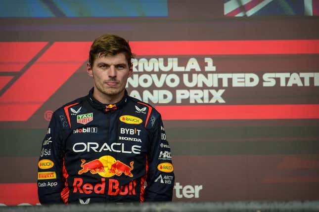 Oct 22, 2023; Austin, Texas, USA; Red Bull Racing Honda driver Max Verstappen (1) of Team Netherlands on podium after the 2023 United States Grand Prix at Circuit of the Americas.