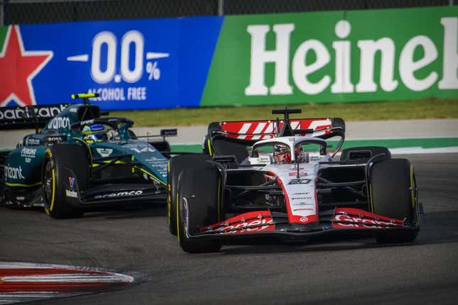 Oct 21, 2023; Austin, Texas, USA; Moneygram Haas F1 driver Kevin Magnussen (20) of Team Denmark drives during the Sprint Race of the 2023 United States Grand Prix at Circuit of the Americas.