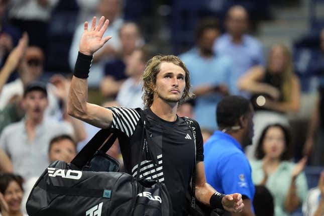 Sep 6, 2023; Flushing, NY, USA; Alexander Zverev of Germany waves to the crowd after losing to Carlos Alcaraz of Spain on day ten of the 2023 U.S. Open tennis tournament at USTA Billie Jean King National Tennis Center.