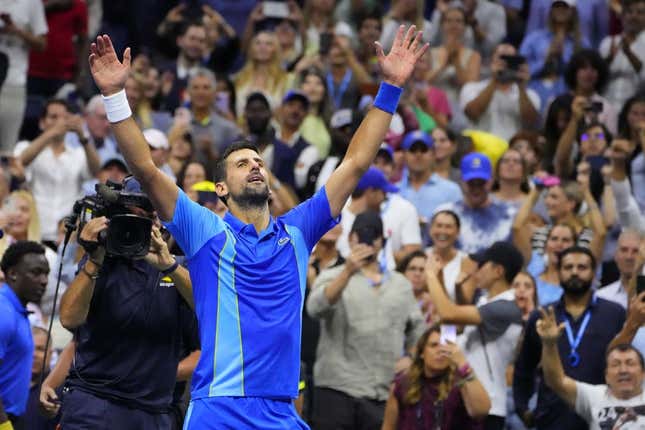 Sep 10, 2023; Flushing, NY, USA; Novak Djokovic of Serbia celebrates after match point against Daniil Medvedev (not pictured) in the men&#39;s singles final on day fourteen of the 2023 U.S. Open tennis tournament at USTA Billie Jean King National Tennis Center.