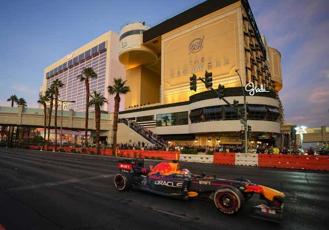 Nov 5, 2022; Las Vegas, Nevada, USA;  Oracle Red Bull Racing driver Sergio Perez drives on the track during the Formula One Las Vegas Grand Prix Launch Party at Las Vegas Strip.