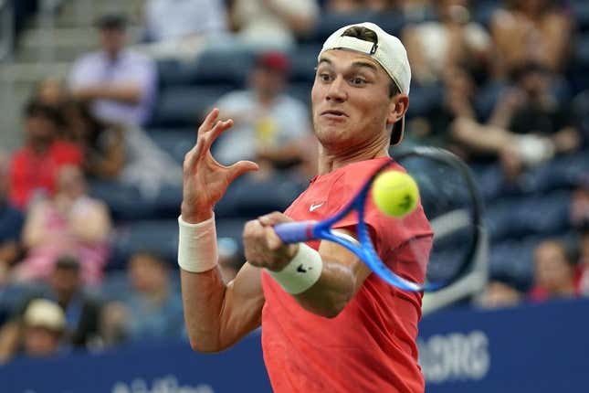 Sep 4, 2023; Flushing, NY, USA; Jack Draper of Great Britain hits to Andrey Rublev on day eight of the 2023 U.S. Open tennis tournament at USTA Billie Jean King National Tennis Center.