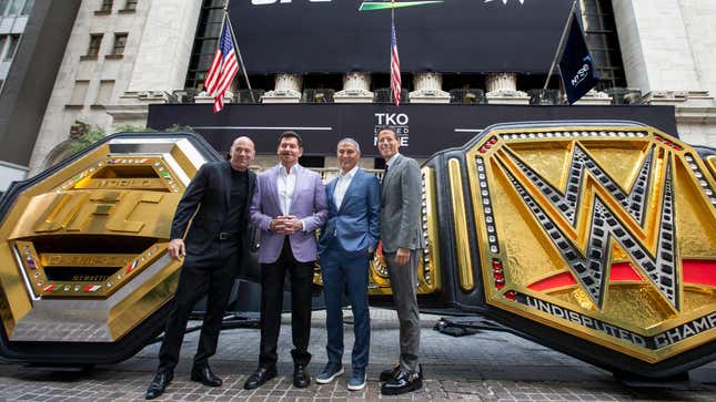 UFC CEO Dana White, TKO Executive Chairman of the Board Vince McMahon, TKO + Endeavor CEO Ariel Emanuel, and TKO + Endeavor President and COO Mark Shapiro pose outside the New York Stock Exchange