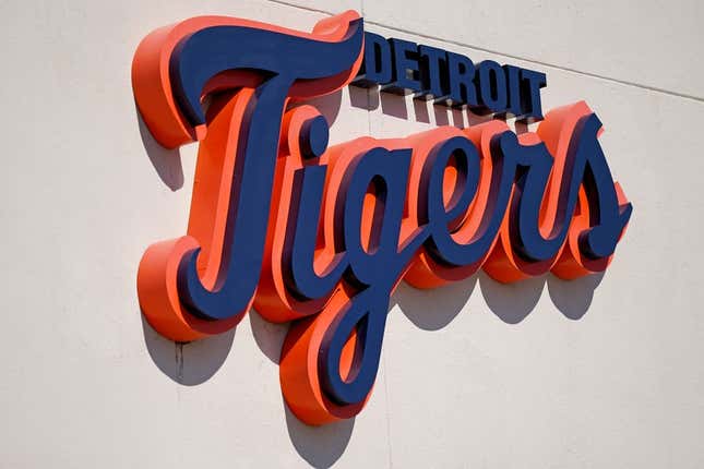 Mar 7, 2021; Lakeland, Florida, USA; A general view of the Detroit Tigers script logo on the building at Publix Field at Joker Marchant Stadium during the spring training game between the Detroit Tigers and the Toronto Blue Jays.
