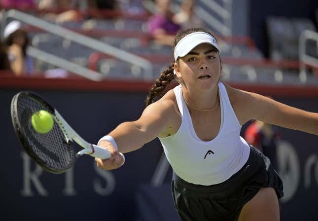 Aug 5, 2023; Montreal, Quebec, Canada; Marina Stakusic (CAN) hits a forehand against Alycia Parks (USA) (not pictured) in first round qualifying play at IGA Stadium.