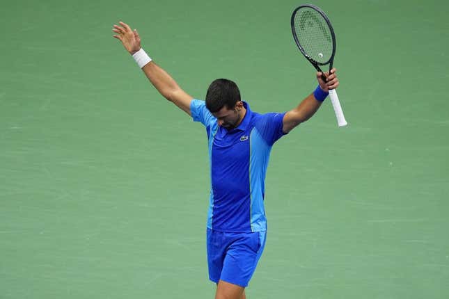 Sep 10, 2023; Flushing, NY, USA; Novak Djokovic of Serbia reacts after winning a point against Daniil Medvedev (not pictured) in the men&#39;s singles final in the men&#39;s singles final on day fourteen of the 2023 U.S. Open tennis tournament at USTA Billie Jean King National Tennis Center.